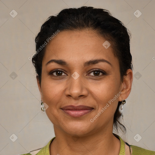 Joyful latino young-adult female with short  brown hair and brown eyes