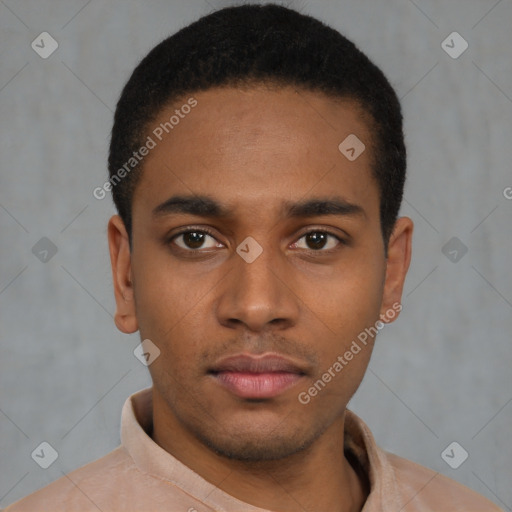 Neutral latino young-adult male with short  black hair and brown eyes