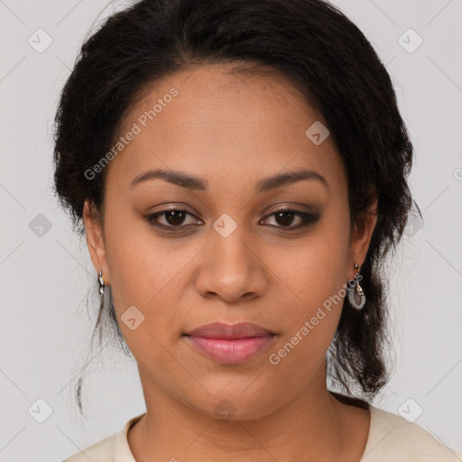 Joyful latino young-adult female with medium  brown hair and brown eyes