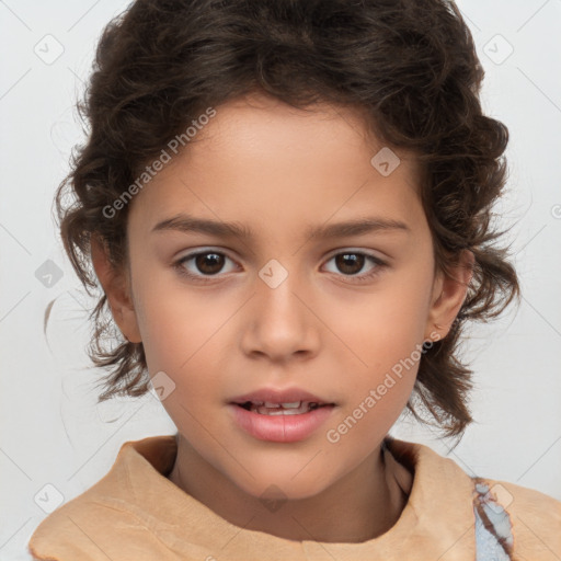 Joyful white child female with medium  brown hair and brown eyes