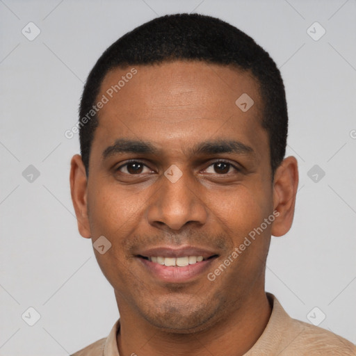 Joyful latino young-adult male with short  black hair and brown eyes