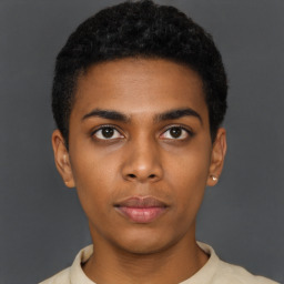 Neutral black young-adult male with short  black hair and brown eyes