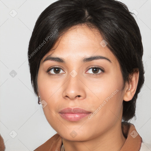 Joyful latino young-adult female with medium  brown hair and brown eyes