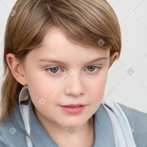 Joyful white child female with medium  brown hair and grey eyes