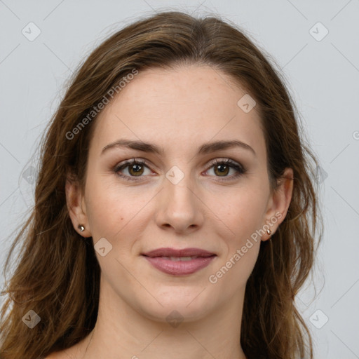 Joyful white young-adult female with long  brown hair and green eyes