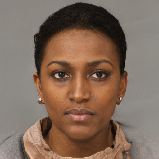 Neutral black young-adult female with short  brown hair and brown eyes