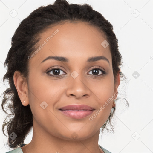 Joyful latino young-adult female with long  brown hair and brown eyes