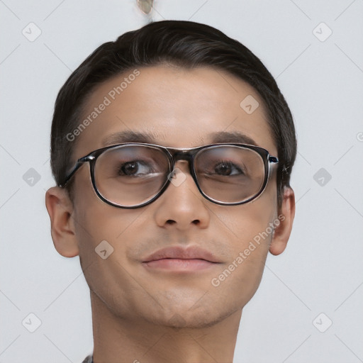 Neutral white young-adult male with short  brown hair and brown eyes