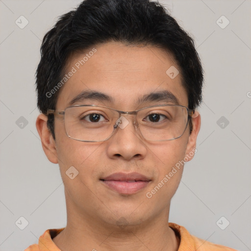 Joyful latino adult male with short  brown hair and brown eyes