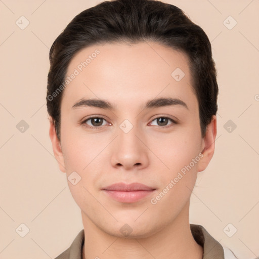 Neutral white young-adult male with short  brown hair and brown eyes