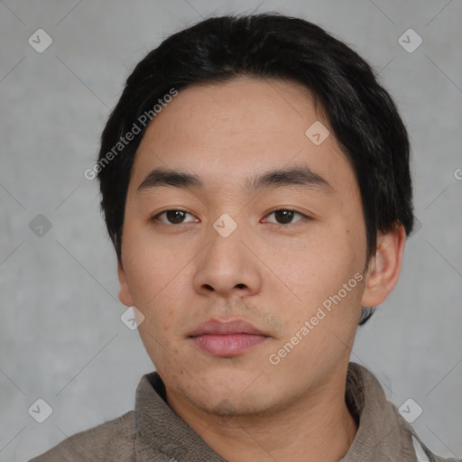 Neutral asian young-adult male with short  black hair and brown eyes