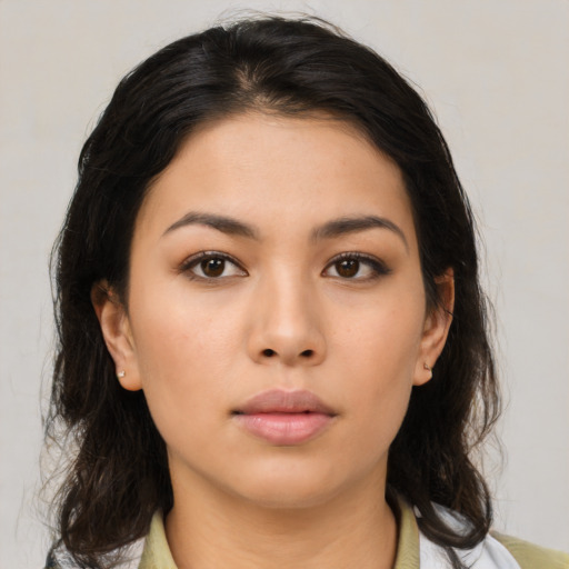 Neutral asian young-adult female with medium  brown hair and brown eyes