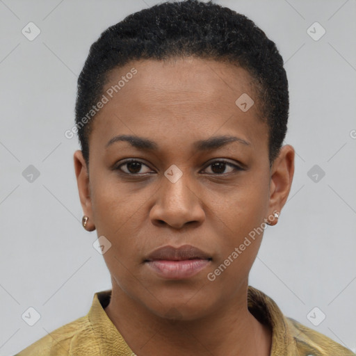 Joyful latino young-adult female with short  black hair and brown eyes