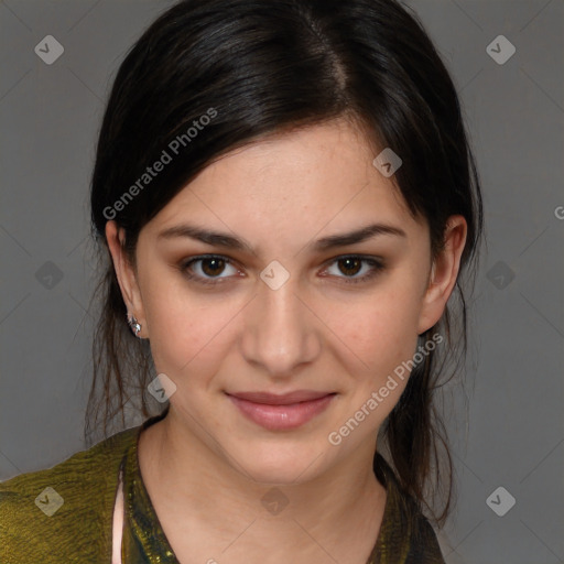 Joyful white young-adult female with medium  brown hair and brown eyes