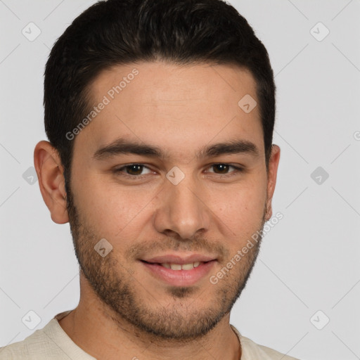 Joyful white young-adult male with short  brown hair and brown eyes