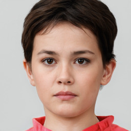 Neutral white young-adult female with short  brown hair and brown eyes