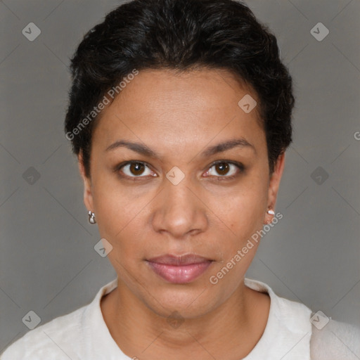 Neutral white young-adult female with short  brown hair and brown eyes