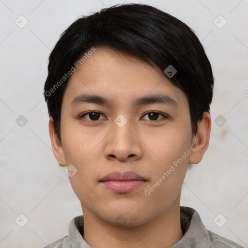 Neutral asian young-adult male with short  black hair and brown eyes