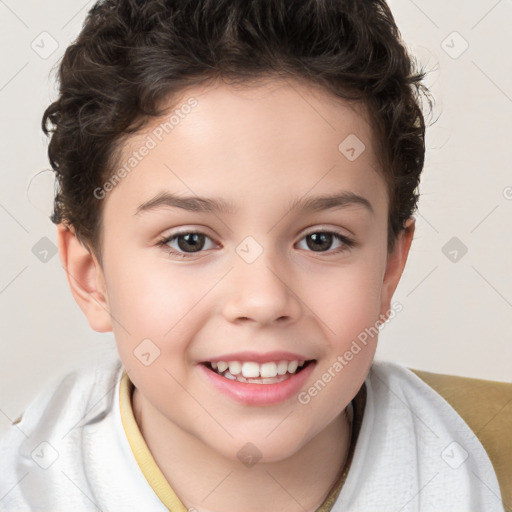 Joyful white child female with short  brown hair and brown eyes