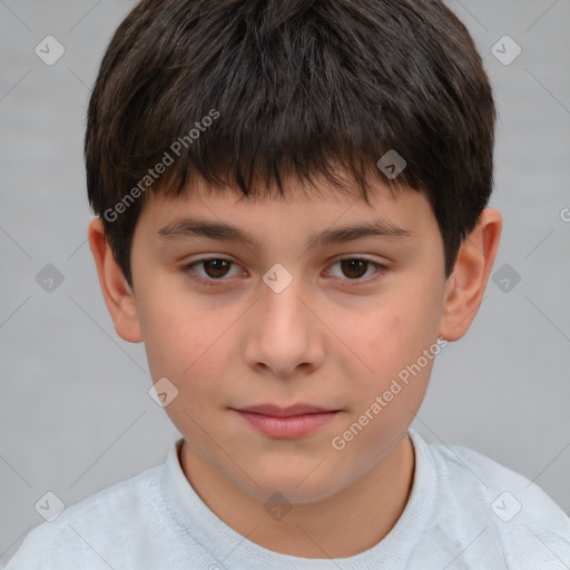 Joyful white child male with short  brown hair and brown eyes