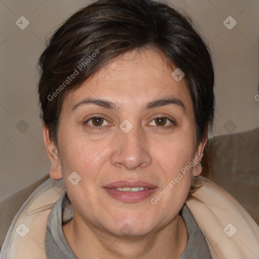 Joyful white adult female with short  brown hair and brown eyes