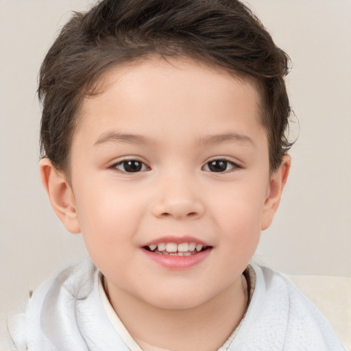 Joyful white child female with short  brown hair and brown eyes