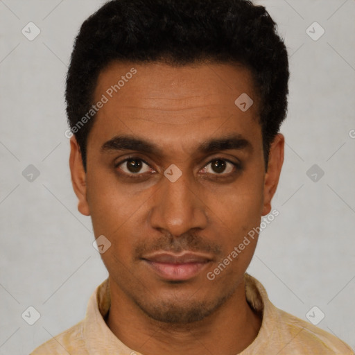 Neutral latino young-adult male with short  black hair and brown eyes