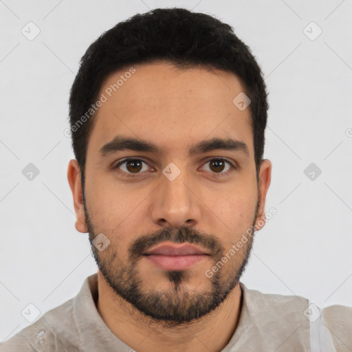 Neutral latino young-adult male with short  black hair and brown eyes