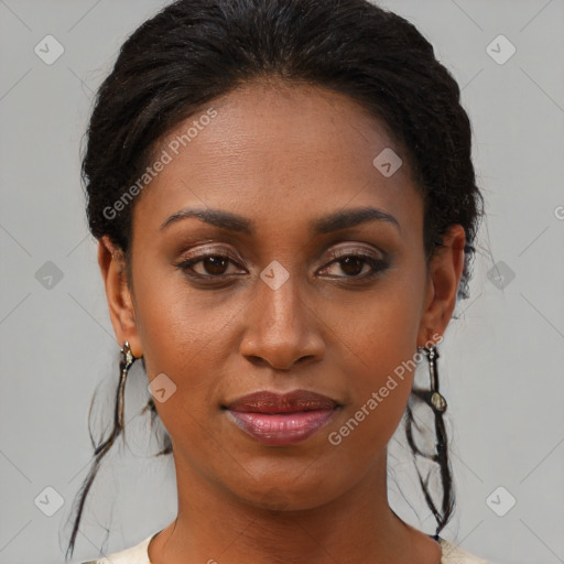 Joyful black young-adult female with medium  brown hair and brown eyes