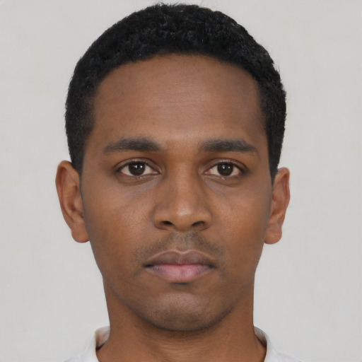 Neutral black young-adult male with short  black hair and brown eyes