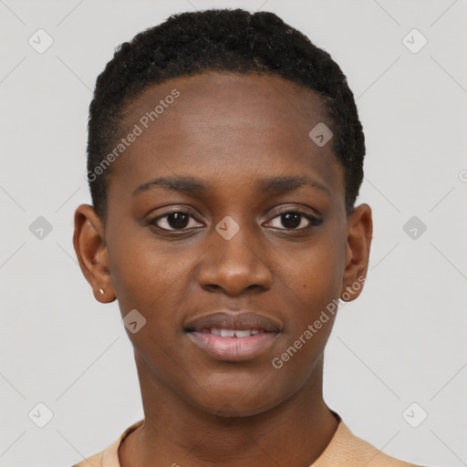 Joyful black young-adult female with short  brown hair and brown eyes