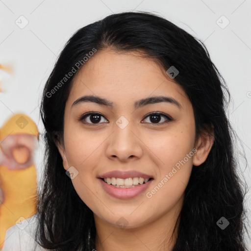 Joyful asian young-adult female with long  black hair and brown eyes