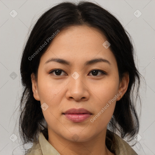 Joyful asian young-adult female with medium  brown hair and brown eyes