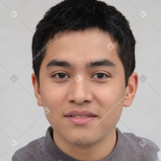 Joyful asian young-adult male with short  black hair and brown eyes