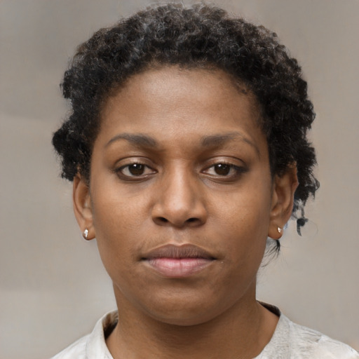 Neutral black young-adult female with short  brown hair and brown eyes