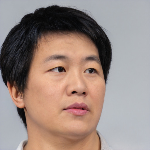 Neutral asian young-adult male with short  brown hair and brown eyes