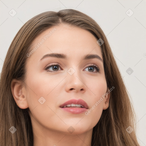 Neutral white young-adult female with long  brown hair and brown eyes