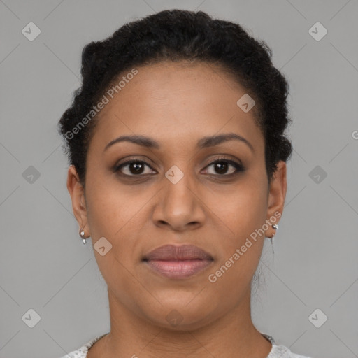 Joyful latino young-adult female with short  brown hair and brown eyes