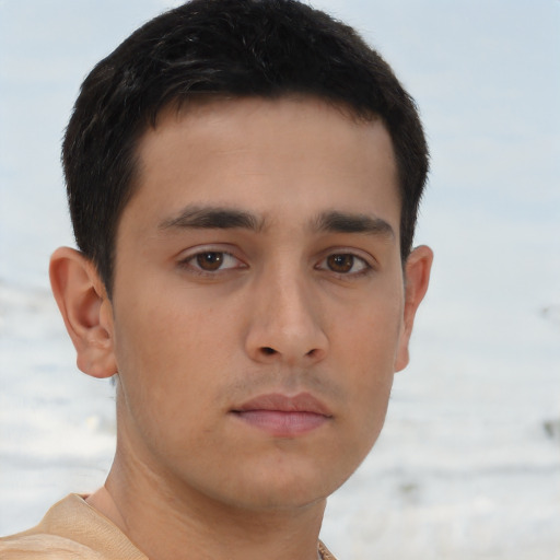 Neutral asian young-adult male with short  brown hair and brown eyes