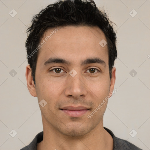 Joyful white young-adult male with short  black hair and brown eyes