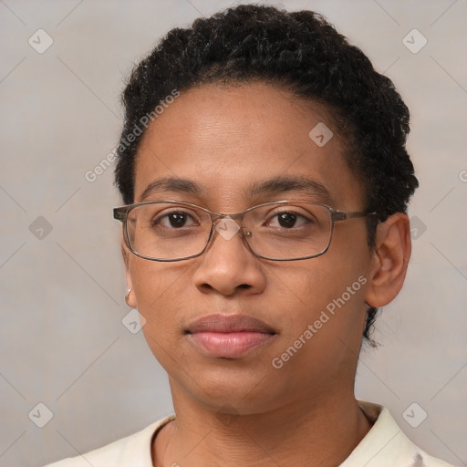 Neutral black young-adult female with short  brown hair and brown eyes