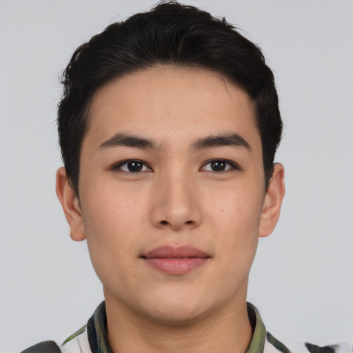 Neutral asian young-adult male with short  black hair and brown eyes