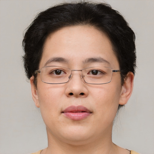 Neutral asian adult female with short  brown hair and brown eyes