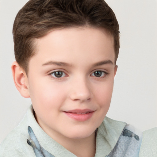 Joyful white child female with short  brown hair and grey eyes