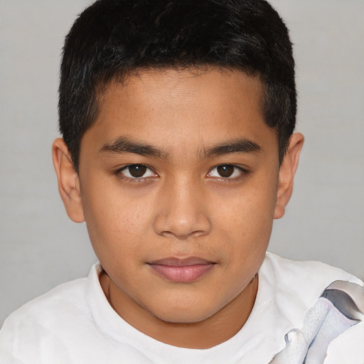 Joyful latino young-adult male with short  brown hair and brown eyes