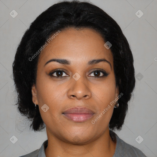 Neutral black young-adult female with medium  black hair and brown eyes