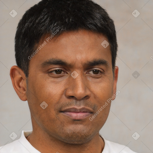 Joyful latino young-adult male with short  brown hair and brown eyes
