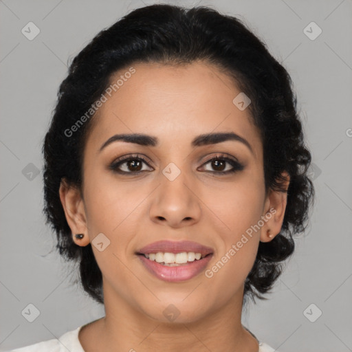 Joyful latino young-adult female with medium  black hair and brown eyes