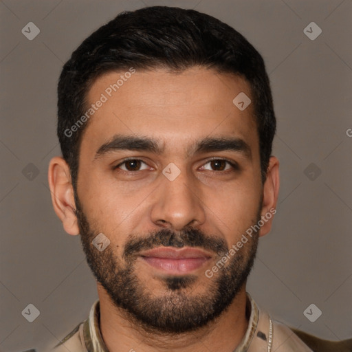 Joyful white young-adult male with short  black hair and brown eyes