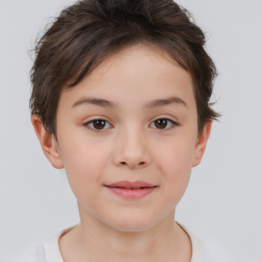 Joyful white child female with short  brown hair and brown eyes